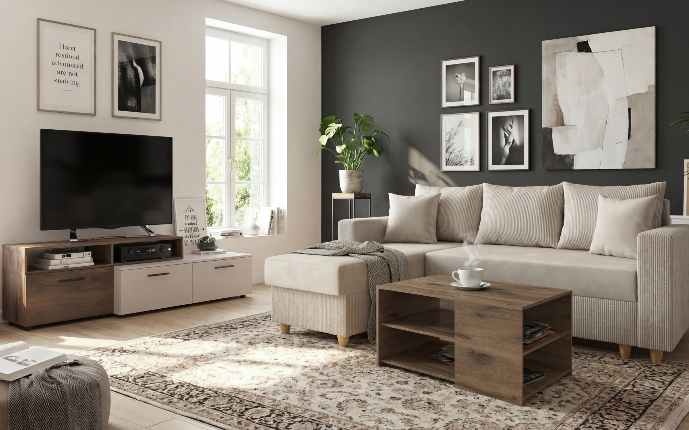 Set living Fini, bej deschis + stejar scandinav inchis + nisipiu mat  1